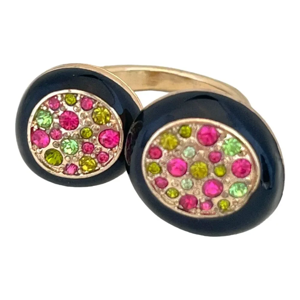 New Statement Ring Size 6.5 Gold Tone Black Enamel Pink Green Crystals - 5X
